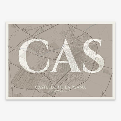 Decorative map of  composed with letters in serif font printed on light brown and an off-white background