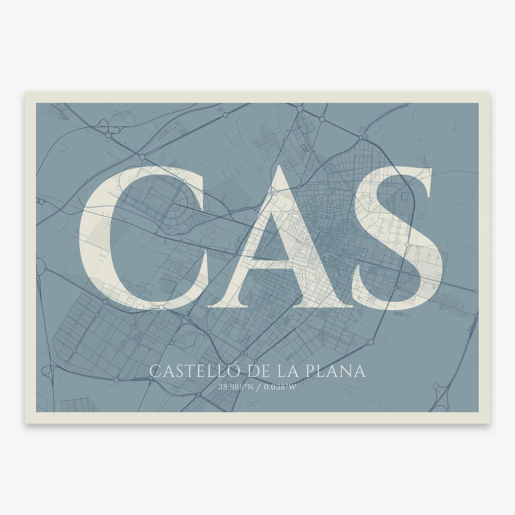 Decorative map of  composed with letters in serif font printed on bluish gray and an off-white background