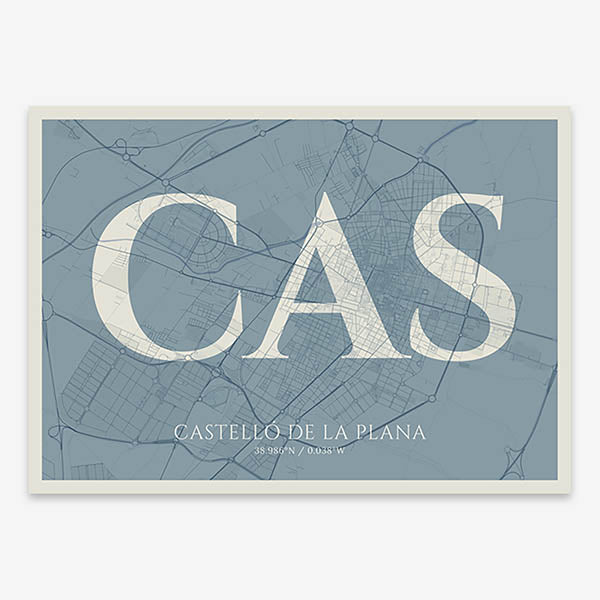 Decorative map of  composed with letters in serif font printed on bluish gray and an off-white background