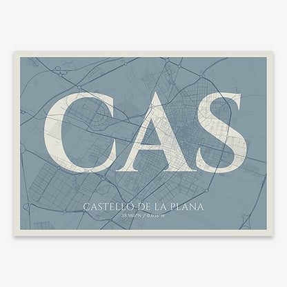 Decorative map of  composed with letters in serif font printed on bluish gray and an off-white background