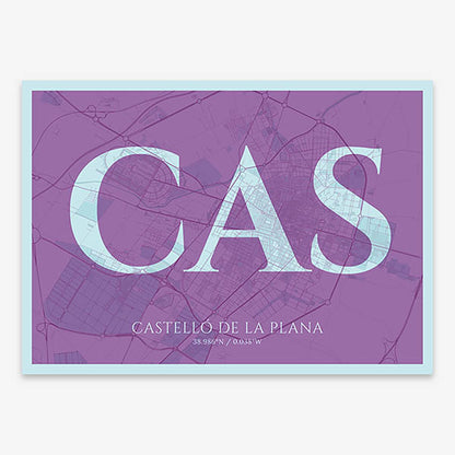 Decorative map of  composed with letters in serif font printed on purple and light blue