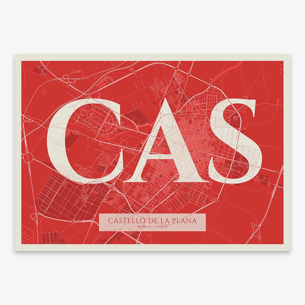 Decorative map of  composed with letters in serif font printed on red and an off-white background