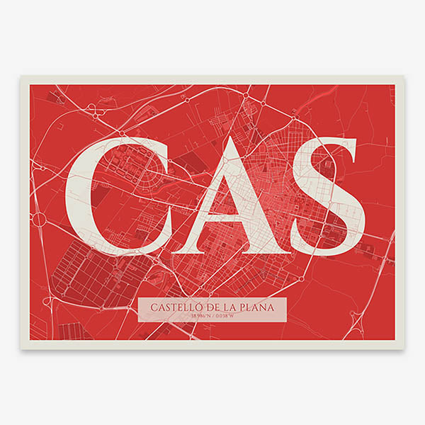Decorative map of  composed with letters in serif font printed on red and an off-white background
