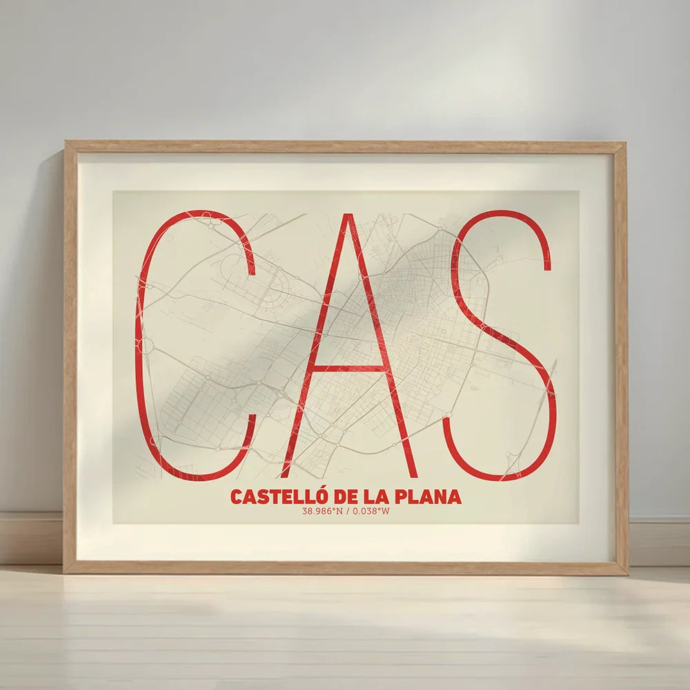 Framed Castellon in Ultralight design, a minimalist aesthetic combining urban cartography with modern, extra-thin elegant lettering designed in red and an off-white background with a white margin border in a warm lit minimalist setting