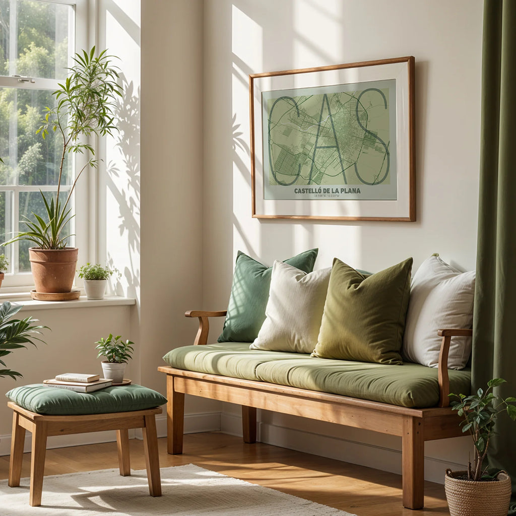 Diseño de interiores moderno con la lámina de Castellón en el diseño la Ultrafina, una estética minimalista que combina cartografía urbana con letras modernas, finas y elegantes diseñado en dos tonos de verde, expuesto en la pared de un salón