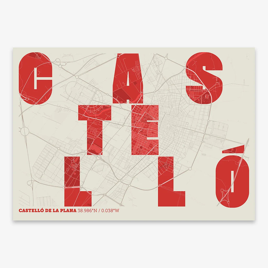 The map of Castellon in Unruled design, where the city name letters appear randomly across different lines for a truly original urban layout designed in red and an off-white background