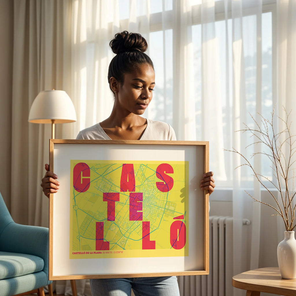 Modern interior design with a Castellon in Unruled design, where the city name letters appear randomly across different lines for a truly original urban layout designed in yellow and fuchsia, displayed on a living room wall