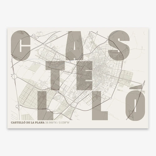 Mapa de Castellón en el diseño la Revoltosa, donde las letras del nombre aparecen aleatoriamente en diferentes líneas para un diseño urbano realmente original diseñado en marrón claro y fondo blanco roto