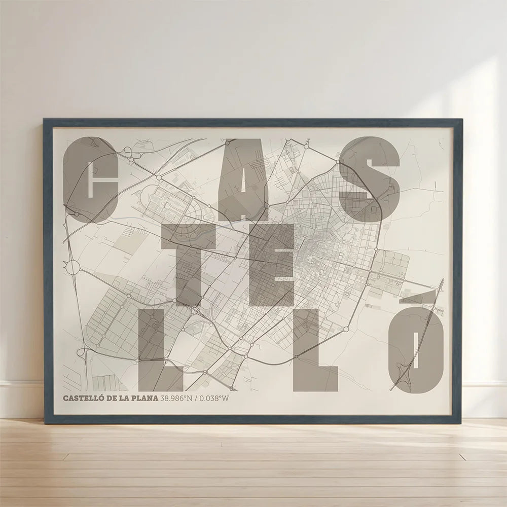 Framed Castellon in Unruled design, where the city name letters appear randomly across different lines for a truly original urban layout designed in light brown and an off-white background with no border edge-to-edge print leaning against a wall