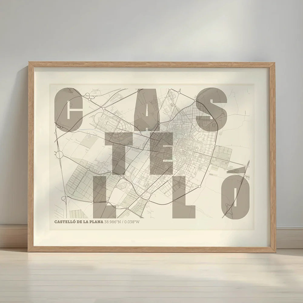 Framed Castellon in Unruled design, where the city name letters appear randomly across different lines for a truly original urban layout designed in light brown and an off-white background with a white margin border in a warm lit minimalist setting