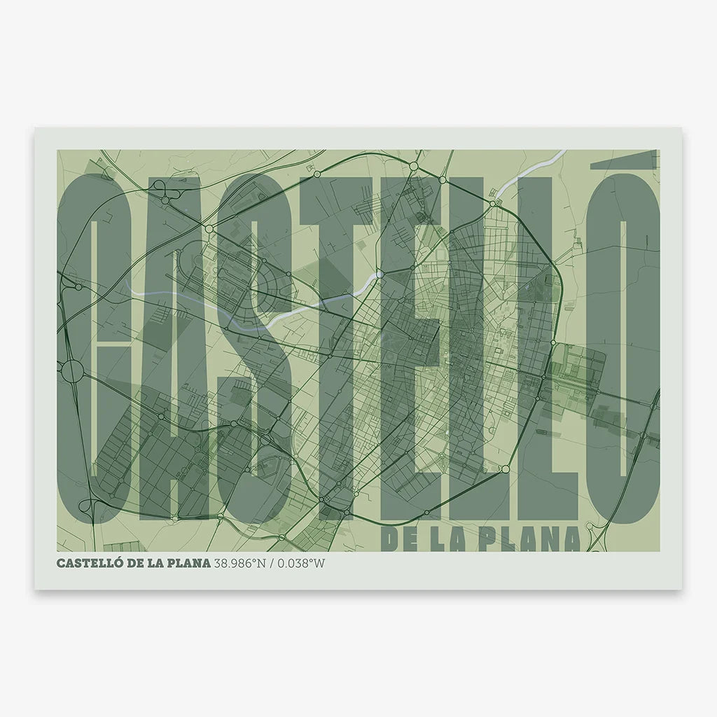 Decorative map of  and letters of its name in a giclée print designed in two green tones