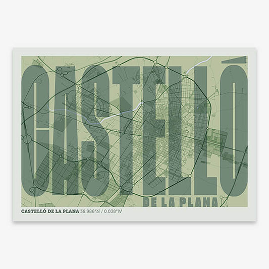 Decorative map of  and letters of its name in a giclée print designed in two green tones