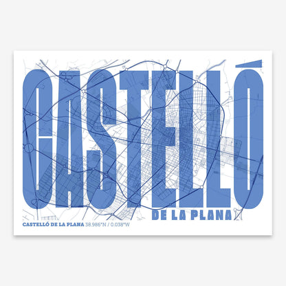 The map of Castellon and letters of its name in a giclée print designed in navy blue and white