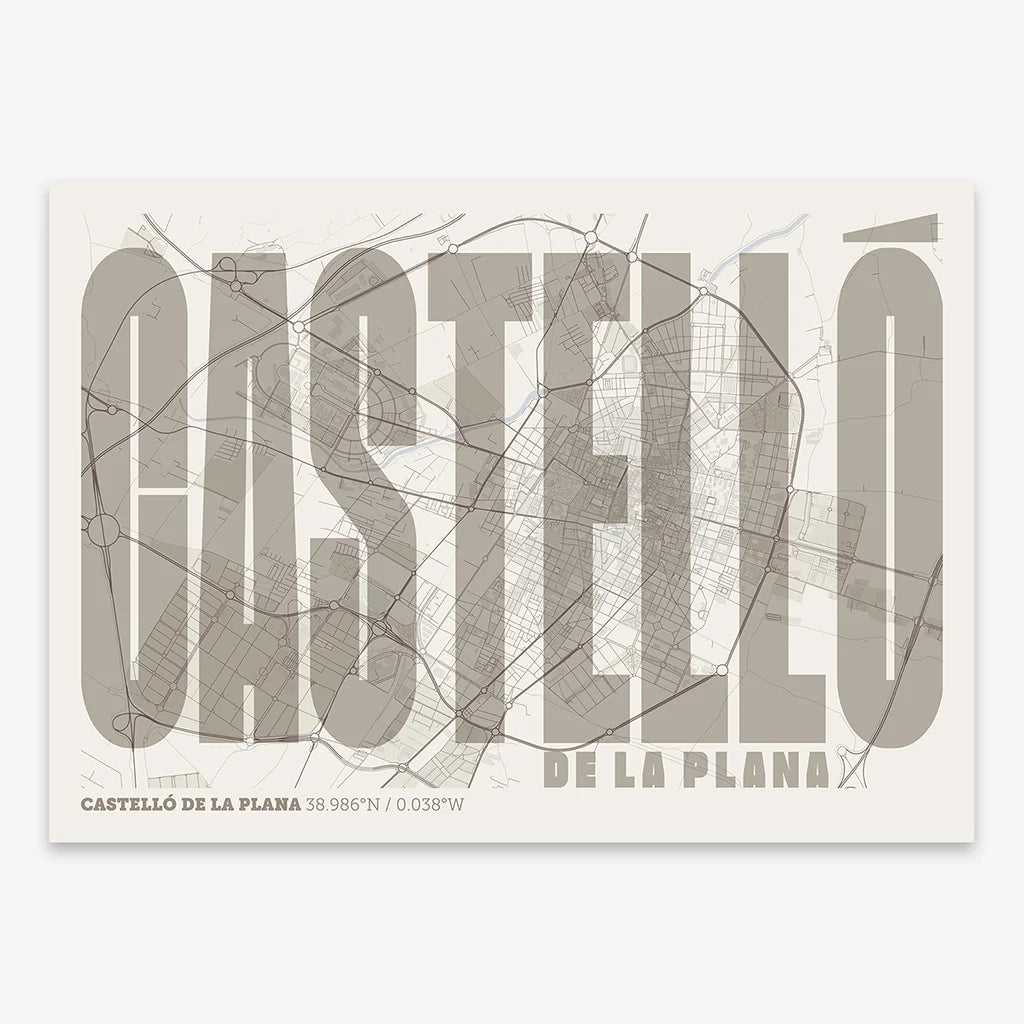 Decorative map of  and letters of its name in a giclée print designed in light brown and an off-white background