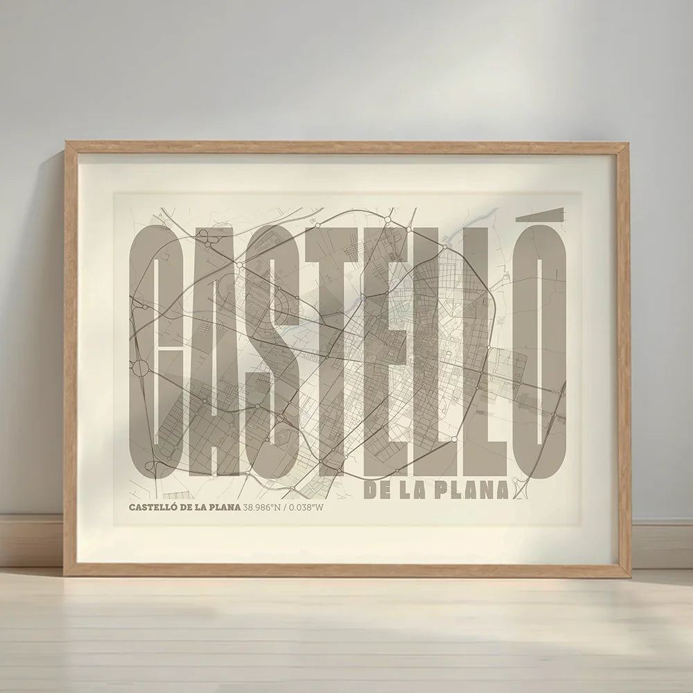 Framed Castellon in Extra Compressed design, where the letters are tightly squeezed to fit the city's map shape designed in light brown and an off-white background with a white margin border in a warm lit minimalist setting