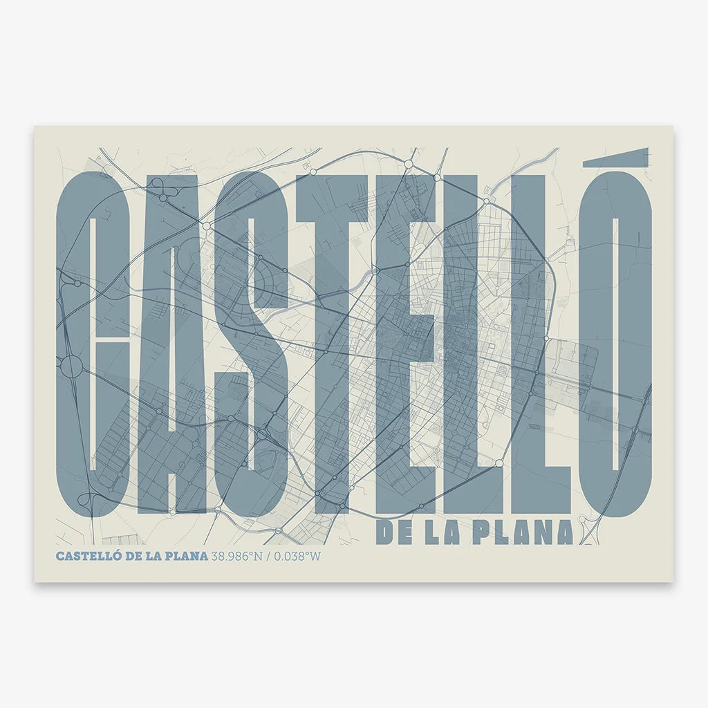 Decorative map of  and letters of its name in a giclée print designed in bluish gray and an off-white background