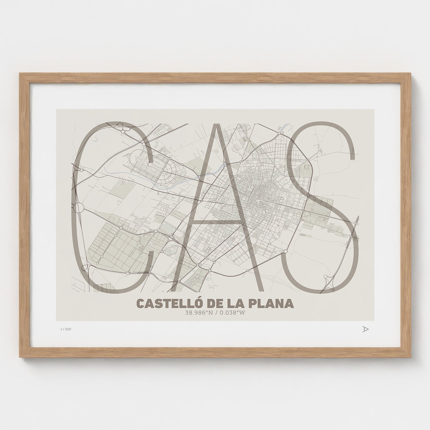 Lámina tipográfica de Castellon – diseño Ultrafina, marco de madera natural
