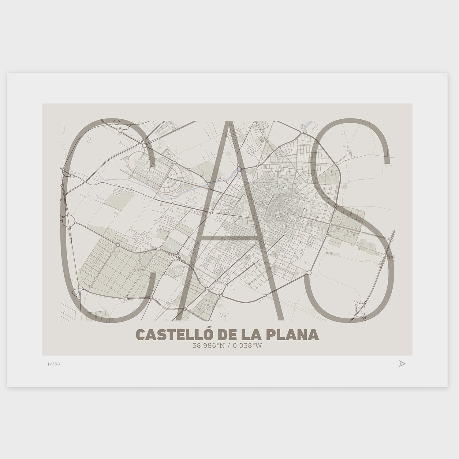 Lámina tipográfica de Castellon – diseño Ultrafina, sin marco sobre papel