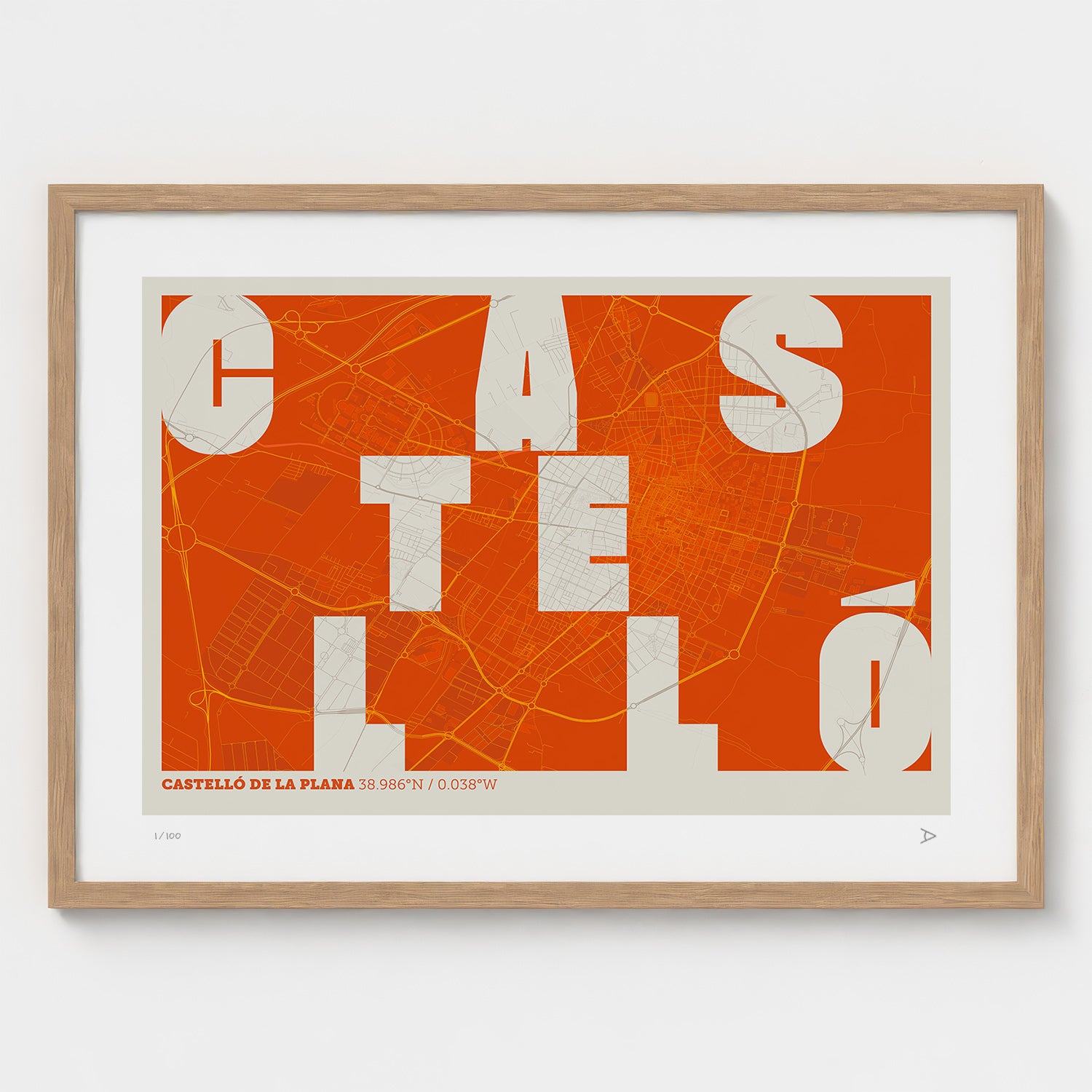 Lámina tipográfica de Castellon – diseño Revoltosa, marco de madera natural