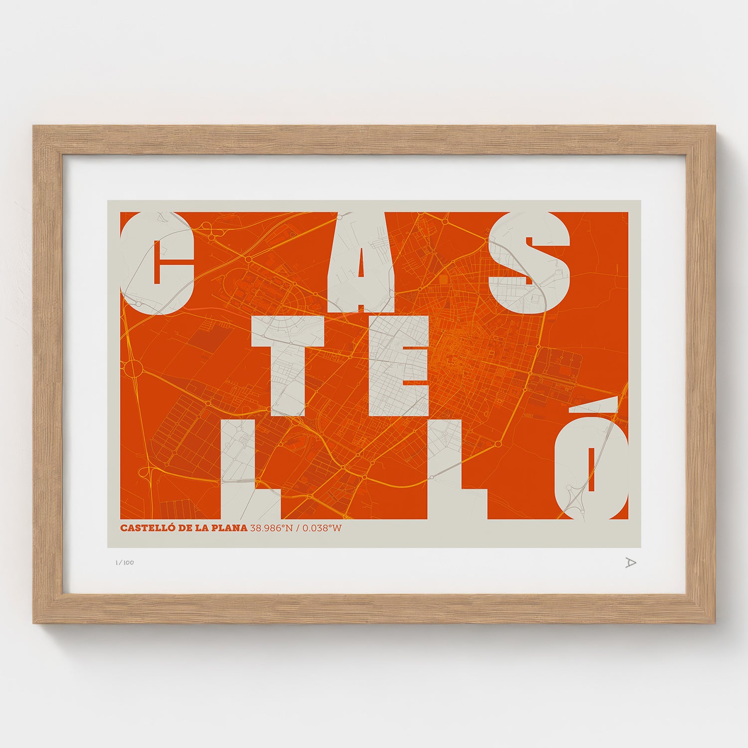 Lámina tipográfica de Castellon – diseño Revoltosa, marco de madera natural