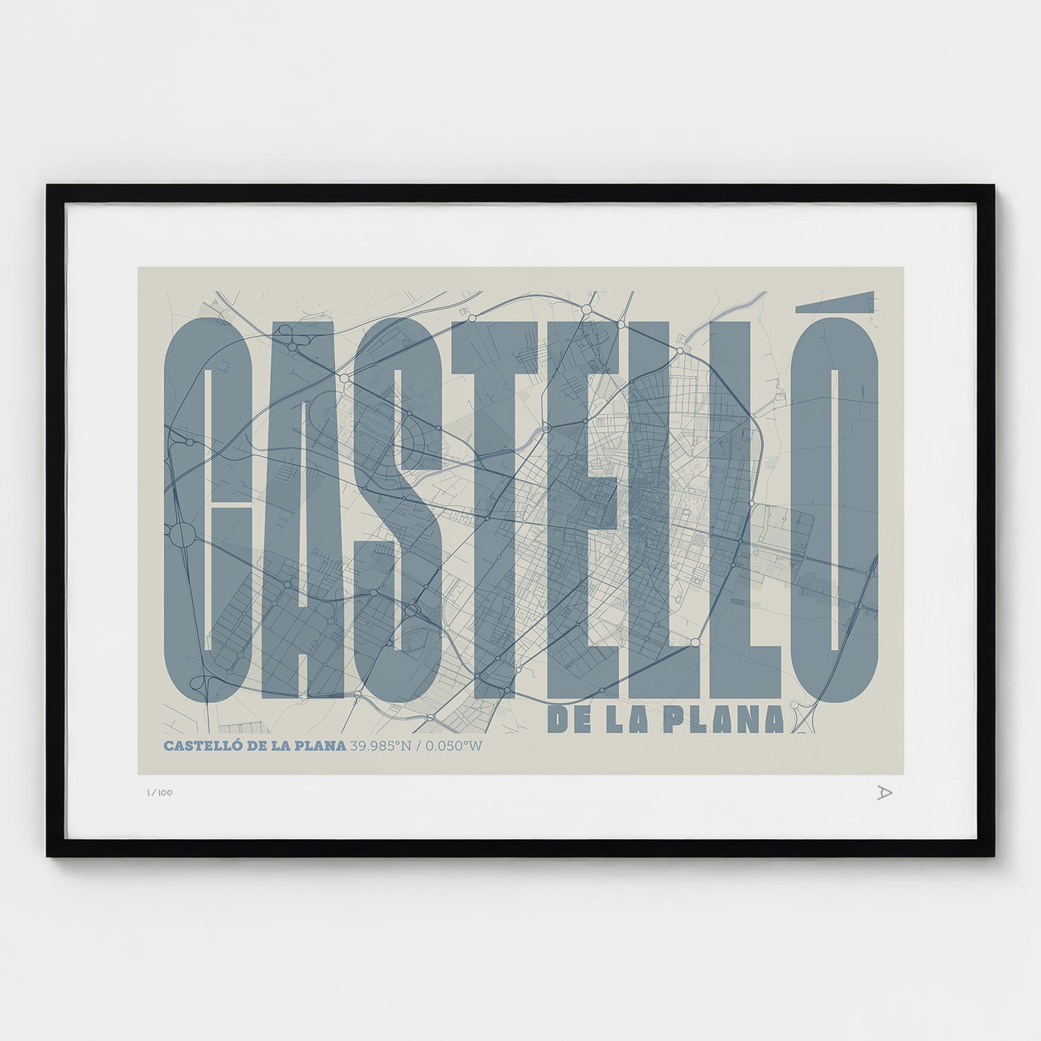 Lámina tipográfica de Castellon – diseño Extra Comprimida, marco negro