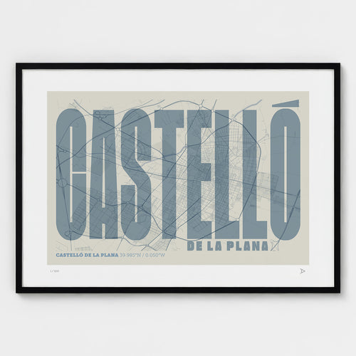 Lámina tipográfica de Castellon – diseño Extra Comprimida, marco negro