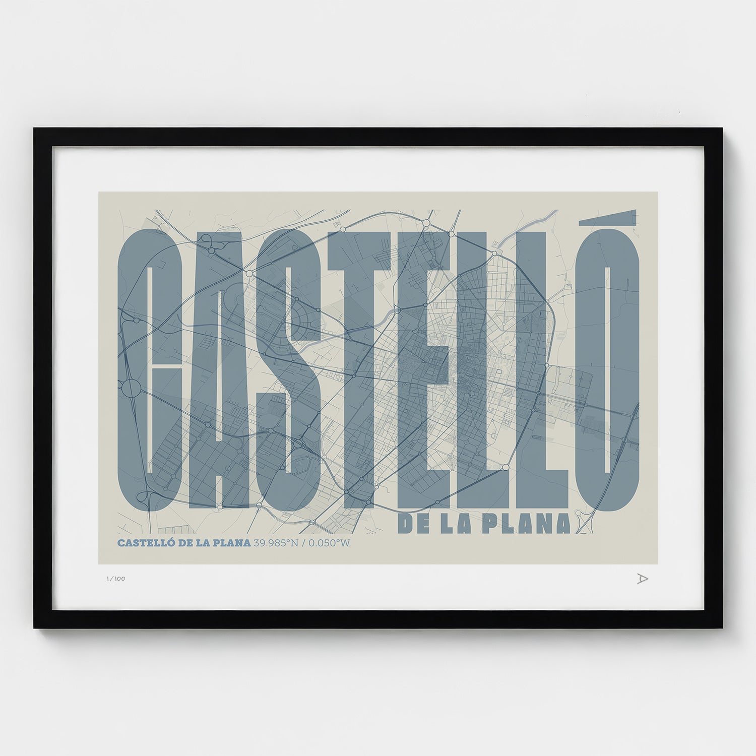 Lámina tipográfica de Castellon – diseño Extra Comprimida, marco negro