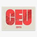 Decorative print of  composed with letters in a heavy geometric font printed on red and an off-white background
