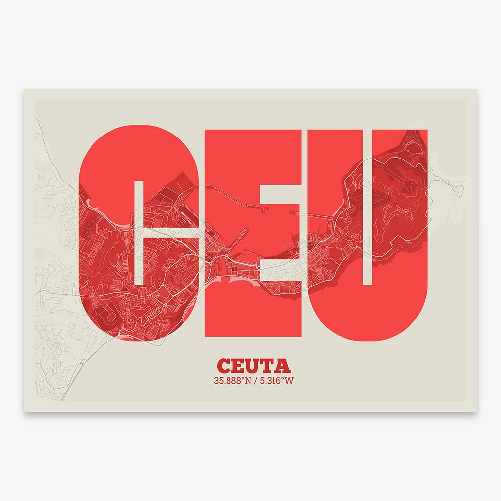 Decorative print of  composed with letters in a heavy geometric font printed on red and an off-white background