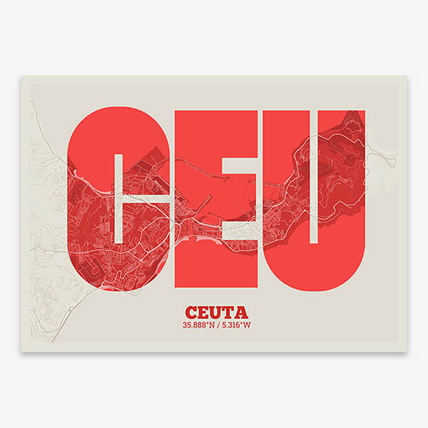 Decorative print of  composed with letters in a heavy geometric font printed on red and an off-white background