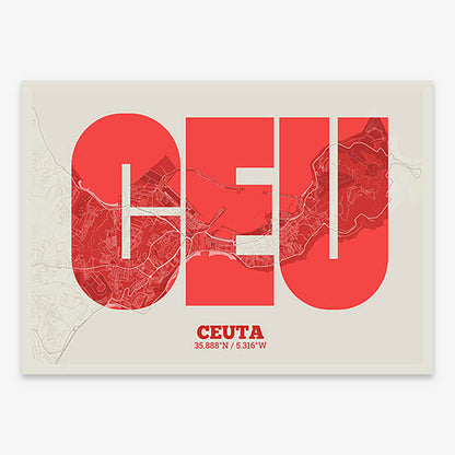 Decorative print of  composed with letters in a heavy geometric font printed on red and an off-white background