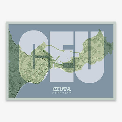 Decorative print of  composed with letters in a heavy geometric font printed on two green tones