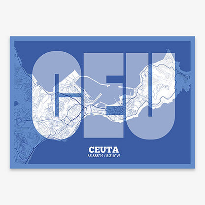 Decorative print of  composed with letters in a heavy geometric font printed on navy blue and white