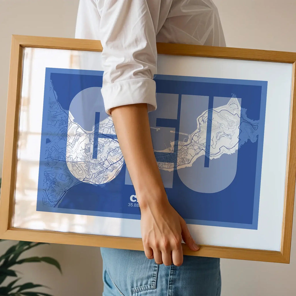 Modern interior design with a Ceuta in Super Bold design, a typographic poster where the city map is overlaid with extra-thick lettering for a modern, high-impact look designed in navy blue and white, displayed on a living room wall
