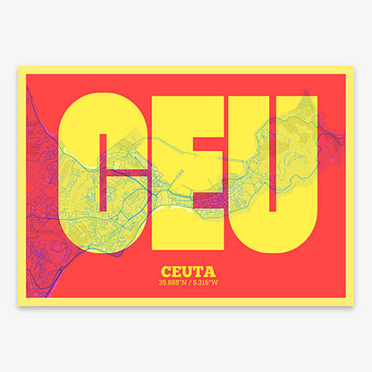 Decorative print of  composed with letters in a heavy geometric font printed on yellow and fuchsia