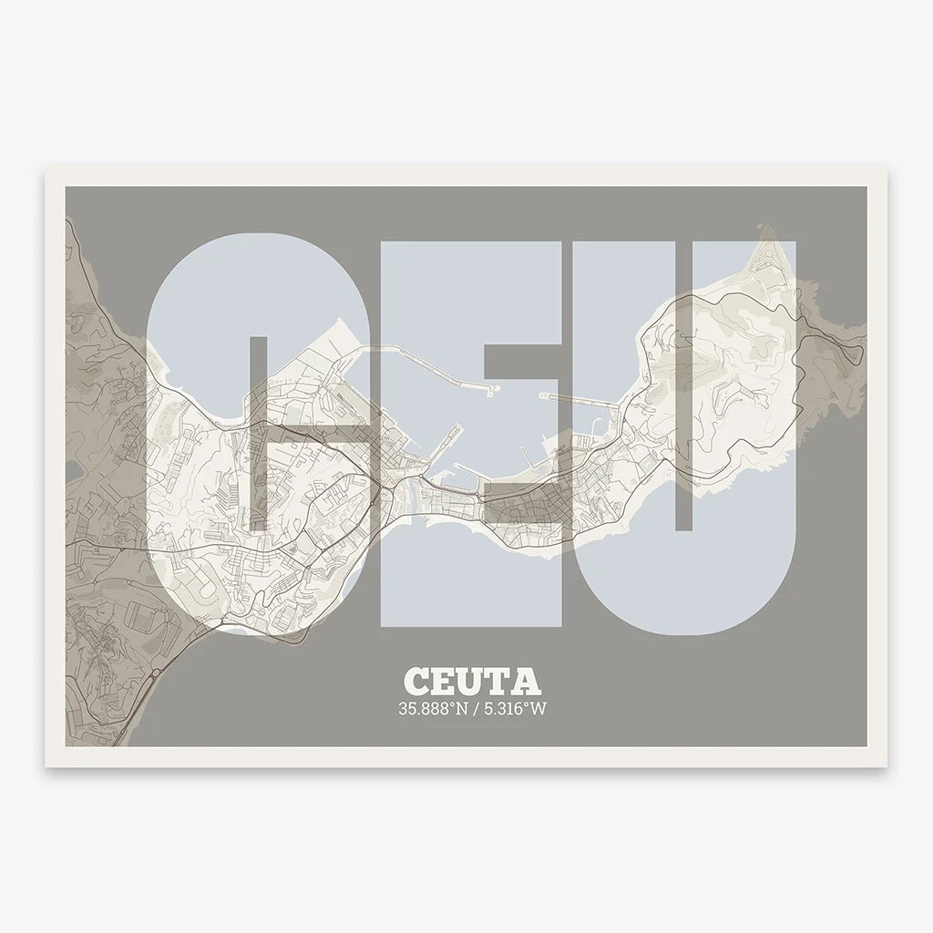 Decorative print of  composed with letters in a heavy geometric font printed on light brown and an off-white background