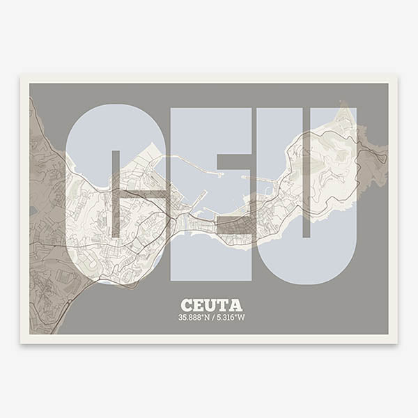 Decorative print of  composed with letters in a heavy geometric font printed on light brown and an off-white background