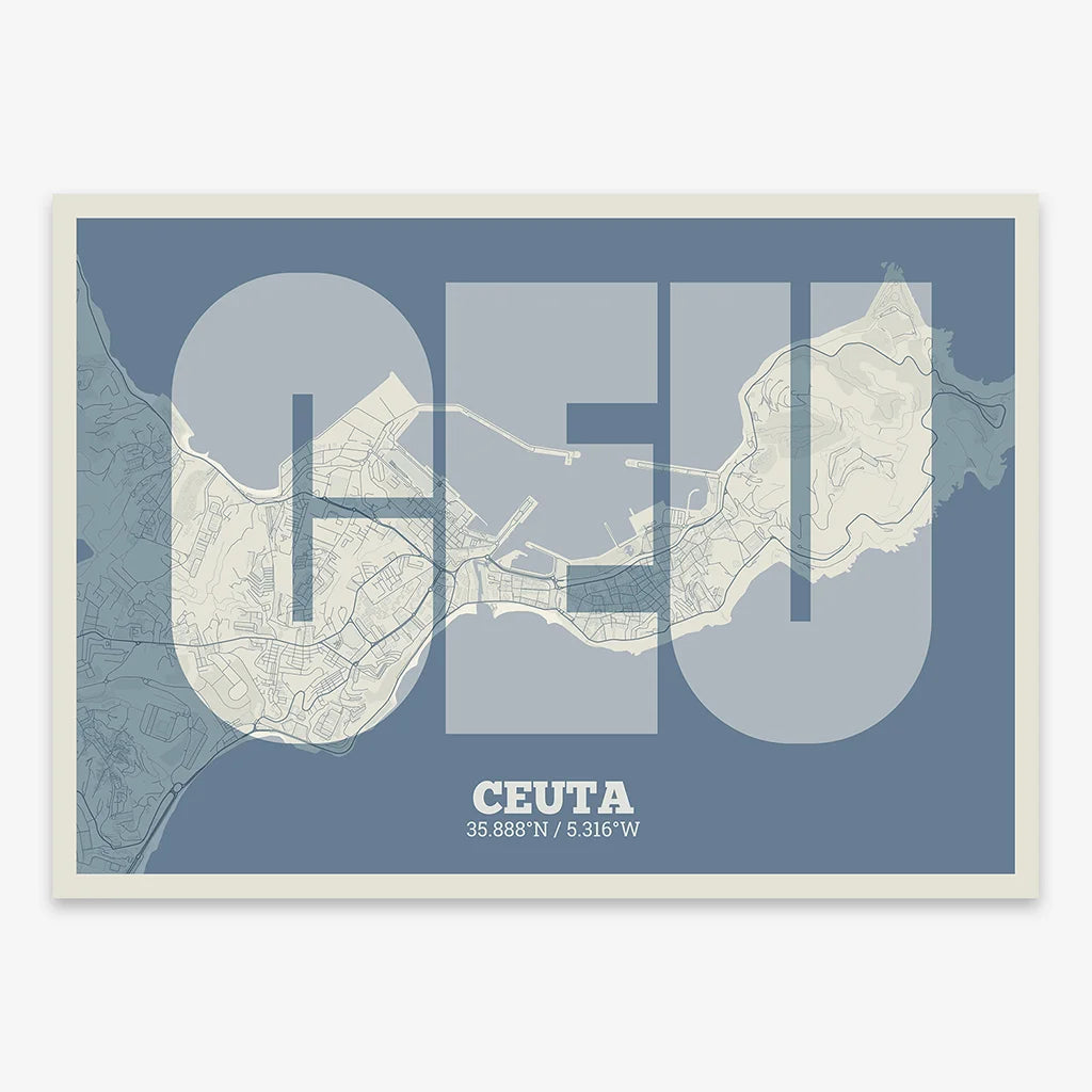 Decorative print of  composed with letters in a heavy geometric font printed on bluish gray and an off-white background