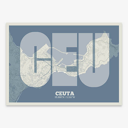 Decorative print of  composed with letters in a heavy geometric font printed on bluish gray and an off-white background