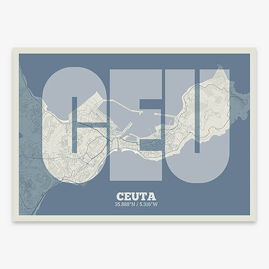 Decorative print of  composed with letters in a heavy geometric font printed on bluish gray and an off-white background