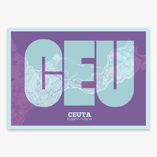 The map of Ceuta in Super Bold design, a typographic poster where the city map is overlaid with extra-thick lettering for a modern, high-impact look designed in purple and light blue