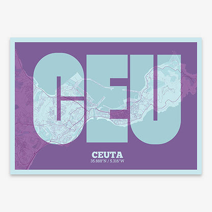 Decorative print of  composed with letters in a heavy geometric font printed on purple and light blue