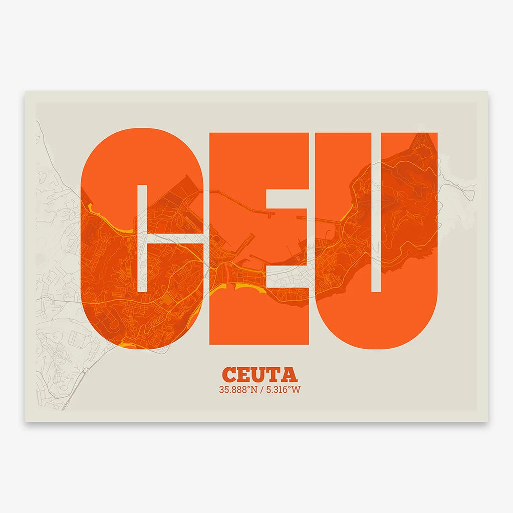 Decorative print of  composed with letters in a heavy geometric font printed on orange and an off-white background