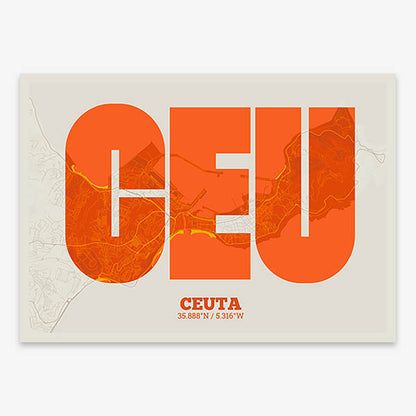 Decorative print of  composed with letters in a heavy geometric font printed on orange and an off-white background