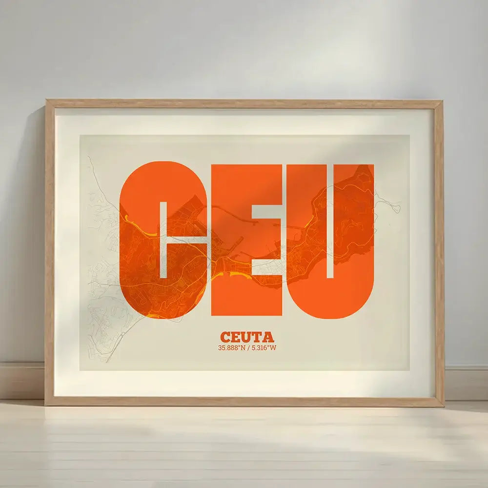 Framed Ceuta in Super Bold design, a typographic poster where the city map is overlaid with extra-thick lettering for a modern, high-impact look designed in orange and an off-white background with a white margin border in a warm lit minimalist setting