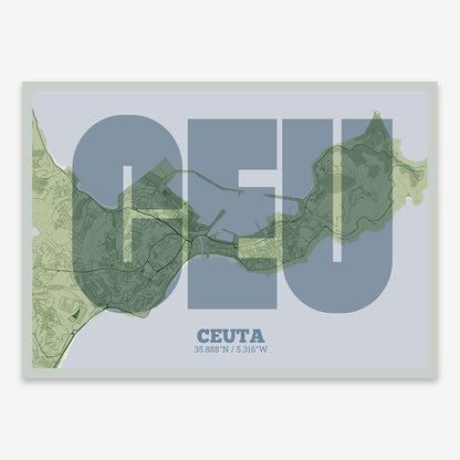 The map of Ceuta composed with letters in a heavy geometric font printed on two green tones