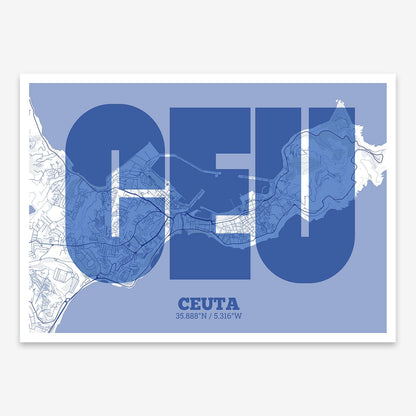 The map of Ceuta composed with letters in a heavy geometric font printed on navy blue and white
