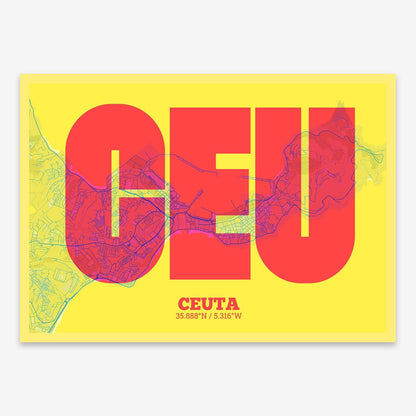 The map of Ceuta composed with letters in a heavy geometric font printed on yellow and fuchsia