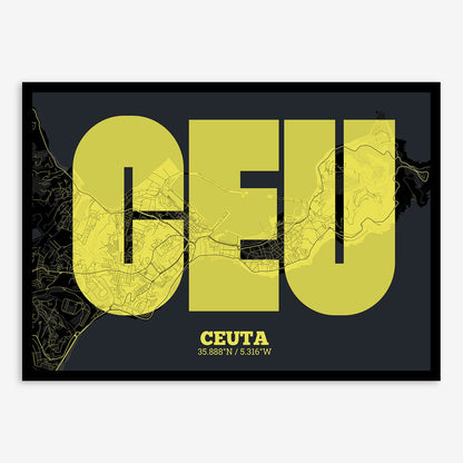 The map of Ceuta composed with letters in a heavy geometric font printed on black and yellow