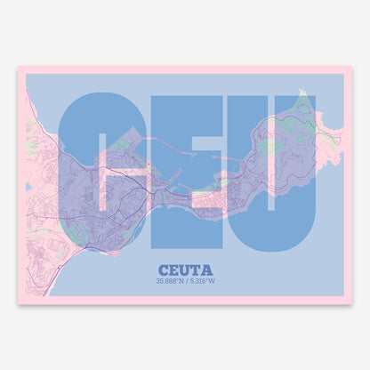 The map of Ceuta composed with letters in a heavy geometric font printed on pink and light blue